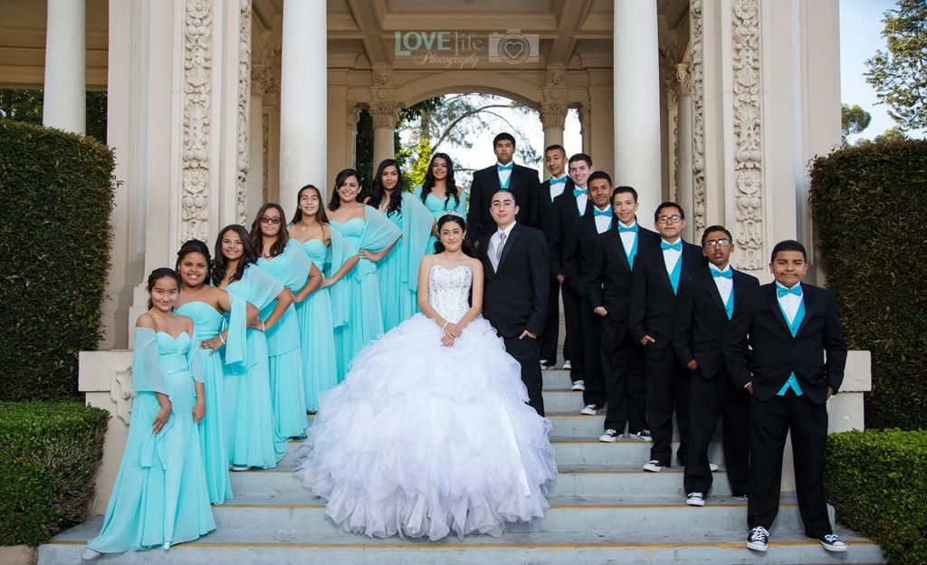 Teens wearing formal attire for a Quinceañera